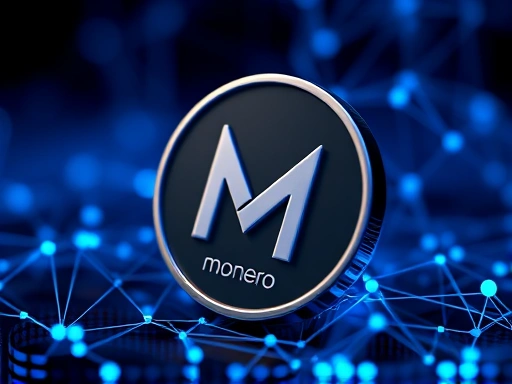 모네로 네트워크와 개인 정보 보호를 상징하는 그래픽 요소를 사용하여 프라이버시 코인의 핵심 특징을 강조합니다.