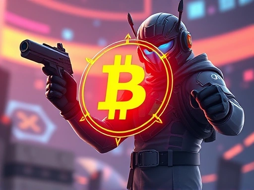 게임 캐릭터와 블록체인 로고를 결합하여 NFT 게임의 혁신성을 보여주고, 미래적인 배경과 역동적인 구도를 통해 게임 투자의 가능성을 강조하는 두 번째 이미지