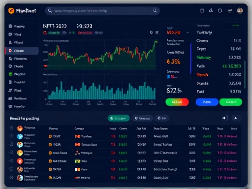 NFT 거래를 위한 마켓플레이스 인터페이스, 차트 데이터와 다양한 NFT 목록을 보여주는 상세 뷰, 사용자 친화적인 디자인과 실시간 시장 분석을 강조