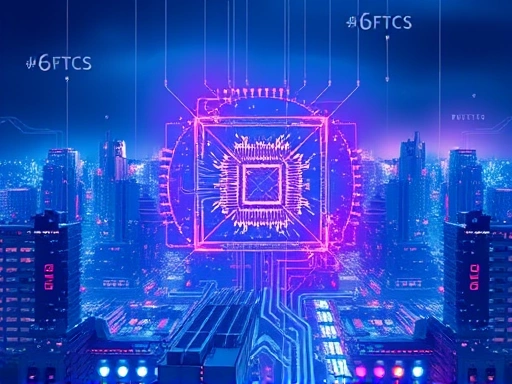 미래지향적인 도시 풍경을 배경으로 양자 컴퓨터의 추상적인 시각화가 나타나며, 푸른색과 보라색의 조명이 기술 혁신과 잠재적인 위협의 분위기