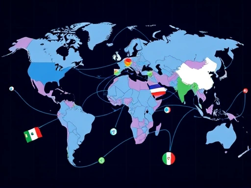 리플넷(RippleNet)을 통해 국제 송금이 이루어지는 과정을 시각적으로 나타내며, 여러 국가의 화폐가 디지털 형태로 연결되어 빠르게 이동하는 모습