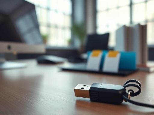 사무실 환경에서 USB 드라이브를 사용하여 악성코드를 퍼뜨리는 미끼 공격 시나리오를 보여주는 이미지