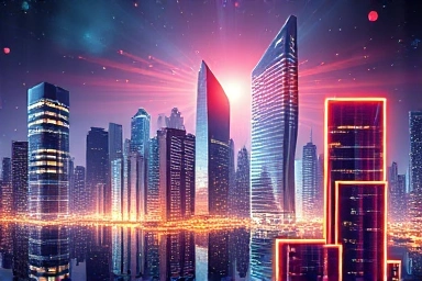 블록체인 기술 배경에 미래지향적 도시 풍경, 토큰 이미지