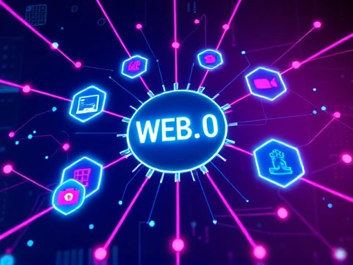 Web 3.0 인터페이스, 여러 서비스들이 블록체인 네트워크로 연결된 모습, 미래적인 네온 스타일, 높은 채도와 대비 강조