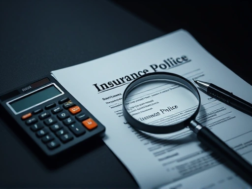 계산기, 보험 증서, 돋보기 등 상징적인 요소를 클로즈업하여 보험 통합의 효율성을 보여주는 두 번째 이미지