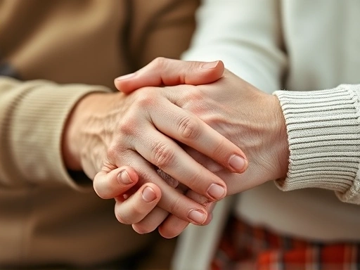 노년의 손이 따뜻하게 맞잡고 있는 클로즈업 샷.