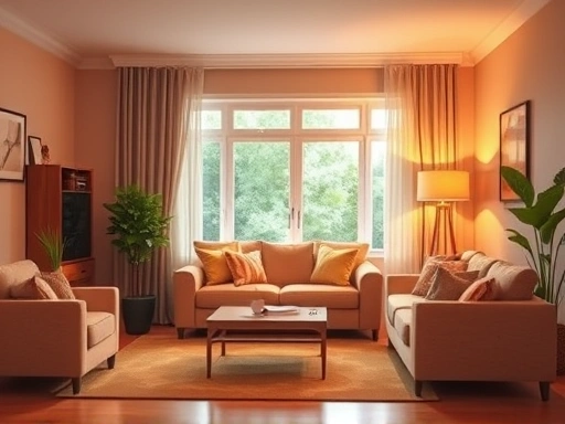 개인 연금 컨셉을 보여주는 따뜻한 색상의 거실, 편안하고 아늑한 분위기