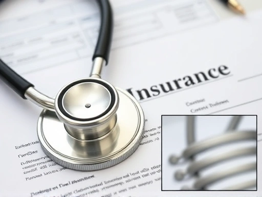 {의사의 청진기가 보험 서류 위에 놓여 있다.