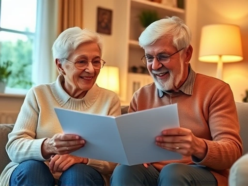활기찬 노년 부부가 편안한 집에서 보험 정보를 검토하며 대화하는 모습