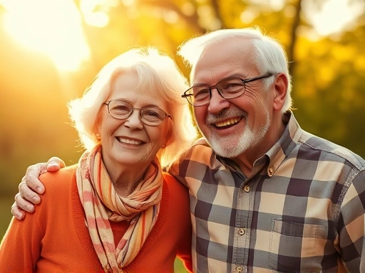 따뜻한 색감으로 노년 부부의 행복한 일상을 담아내고, 부드러운 햇살과 미소로 안정감과 희망을 표현하는 첫 번째 이미지