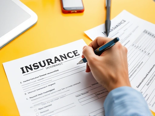밝은 색상의 테이블 위에 놓인 보험 서류를 보여주는 넓은 샷으로, 펜으로 서류를 작성하는 손이 보입니다.