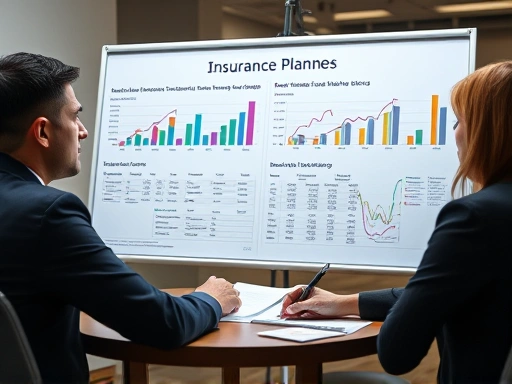 보험 설계사가 복잡한 차트를 사용하여 다양한 보험 옵션을 제시하는 장면