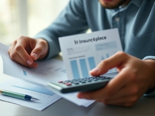 개인이 보험 서류를 꼼꼼히 검토하며 계산기로 예상 손익을 분석하는 클로즈업 샷.