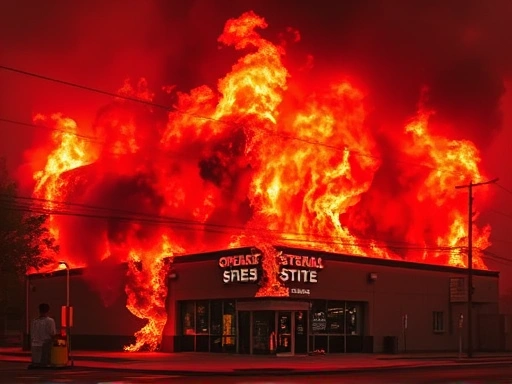 불길에 휩싸인 상가의 전경을 보여주는 이미지