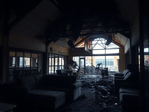 불에 탄 상가 내부의 잔해를 클로즈업한 이미지