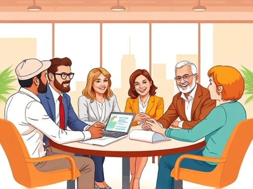 다양한 연령대의 사람들이 보험 상품에 대해 논의하는 활기찬 회의 장면