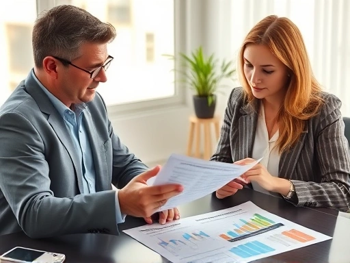 두 사람이 복잡한 재정 문서와 그래프를 검토하며 실손보험의 갱신형과 비갱신형 옵션을 논의하는 모습