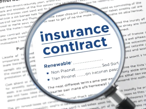 돋보기로 보험 계약서의 세부 조항을 확대하여 보여주며, 갱신형 및 비갱신형 조건의 미묘한 차이를 강조합니다.