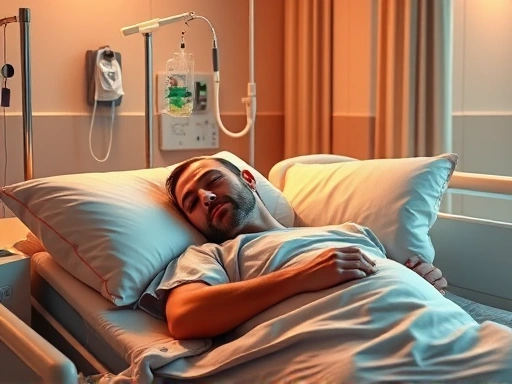 병원 침대에 누워 있는 환자의 손에 링거가 꽂혀 있고, 간호사가 환자를 돌보는 따뜻한 분위기