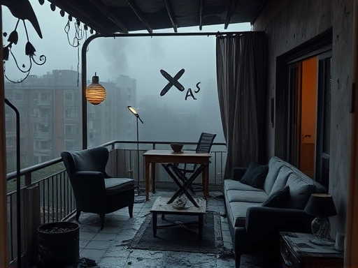 불탄 아파트 베란다, 그을린 벽과 파손된 가구, 슬픔과 절망을 표현하는 어두운 조명과 잿빛 색조