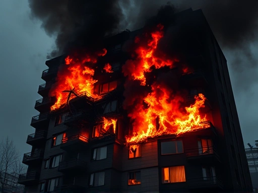 화재로 인한 아파트의 처참한 파괴를 보여주는 넓은 장면