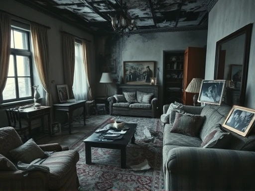 화재로 파괴된 아파트 내부의 클로즈업 장면