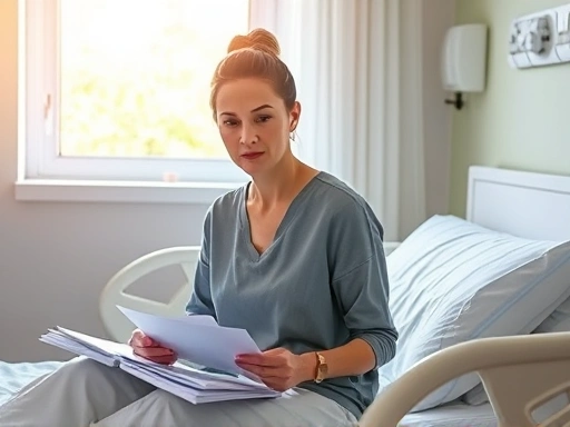 {한 여성이 병원 침대에 앉아 서류를 들여다보고 있으며, 밝은 자연광이 창문을 통해 들어와 따뜻하고 희망적인 분위기