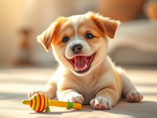 사랑스러운 강아지가 밝게 웃으며 장난감을 가지고 노는 모습
