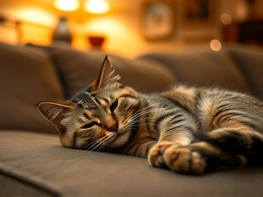 고양이가 편안하게 소파에 기대어 휴식을 취하는 모습