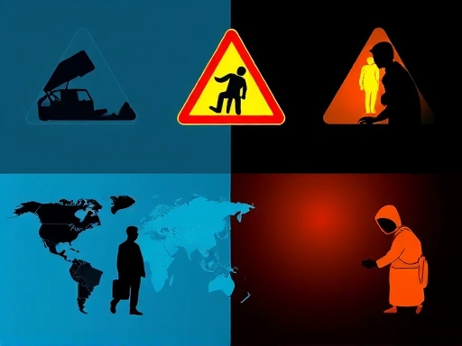 {여행 중 발생할 수 있는 다양한 위험 요소 (사고, 질병, 도난 등)를 상징적으로 보여주는 이미지