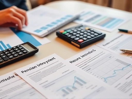 다양한 연금보험 상품 정보가 담긴 브로셔와 계산기가 놓인 테이블.