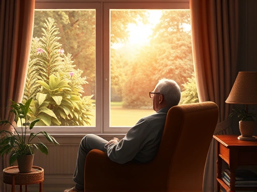 노인이 편안한 안락의자에 앉아 창밖의 아름다운 정원을 바라보는 모습