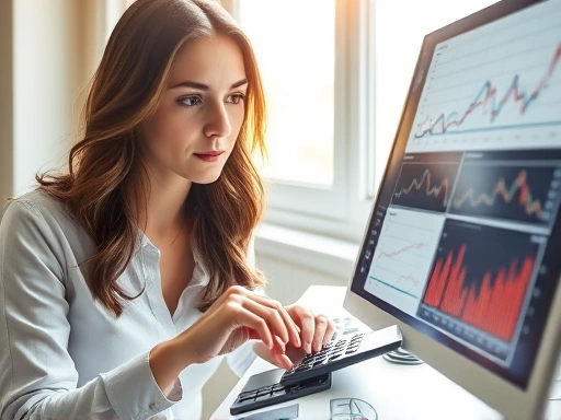한 여성이 복잡한 그래프와 차트가 있는 화면을 보면서 신중하게 계산기를 두드리고 있습니다.