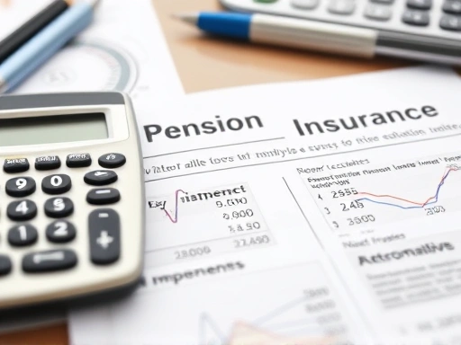 책상 위에 놓인 연금보험 서류와 계산기의 클로즈업 샷입니다.