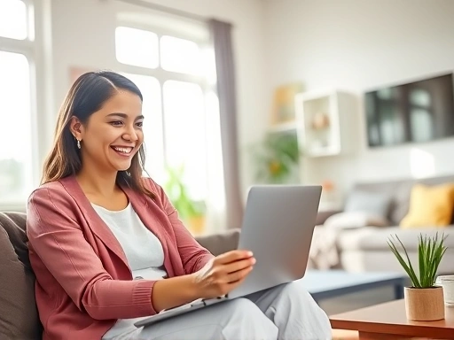 한 여성이 노트북으로 온라인 보험 상품을 비교하며 미소짓고 있다.