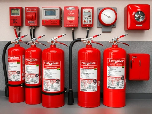 소화기와 화재경보기, 안전을 상징하는 붉은색 강조, 꼼꼼하게 대비하는 모습