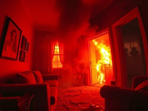 불길이 치솟는 아파트 내부, 화재 현장의 긴박함과 위험을 생생하게 묘사하는 광각 샷.