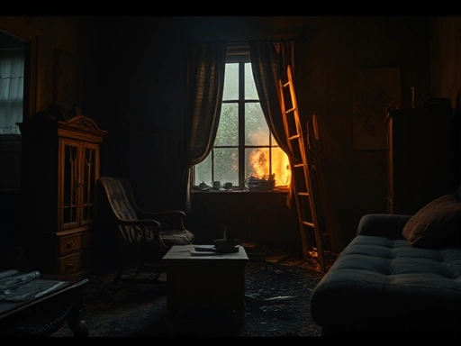 화재 피해를 입은 가재도구 잔해, 클로즈업 샷으로 화재의 심각성을 강조.