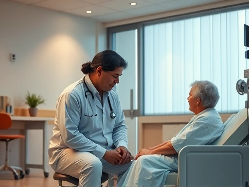 {병원을 배경으로 의사와 환자가 상담하는 장면