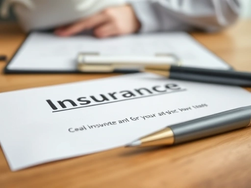보험 서류와 펜이 놓여 있는 테이블을 클로즈업하여, 신중한 결정을 상징합니다.