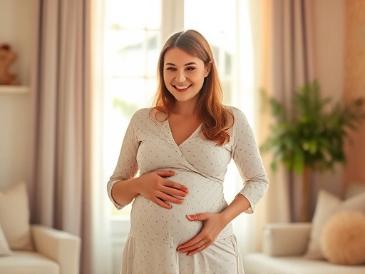 임신한 여성이 따뜻한 미소로 배를 감싸 안고 있으며, 부드러운 햇살이 비치는 편안한 실내 분위기