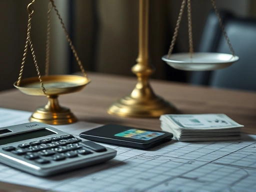 계산기, 저울, 돈이 놓인 테이블의 클로즈업 샷으로, 미묘한 조명을 사용하여 재정적 균형과 신중한 계획의 중요성을 상징적으로 보여줍니다.