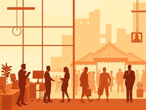 직장인과 자영업자의 대비되는 실루엣이 있는 사무실과 활기찬 시장을 보여주는 스타일의 일러스트레이션으로, 따뜻한 색조와 부드러운 조명을 사용하여 안정감과 진지함을 표현합니다.