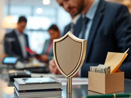 사업장의 중요한 물품(계산대, 상품, 설비 등)을 클로즈업하고, 이를 보호하는 보험의 상징적인 이미지
