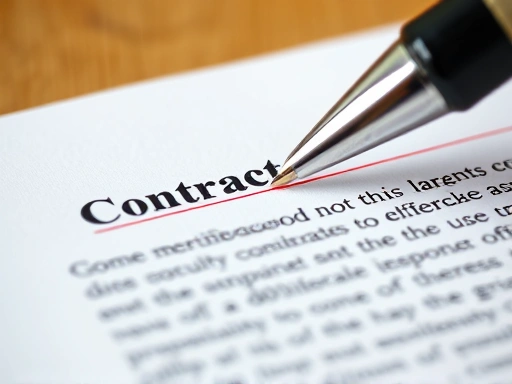 계약서의 주요 조항을 클로즈업하여 보여주고, 그 위에 강조 효과를 준 펜이 놓여 있는 모습