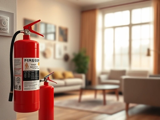 {화재 경보기와 소화기가 있는 아파트 거실의 고화질 사진.