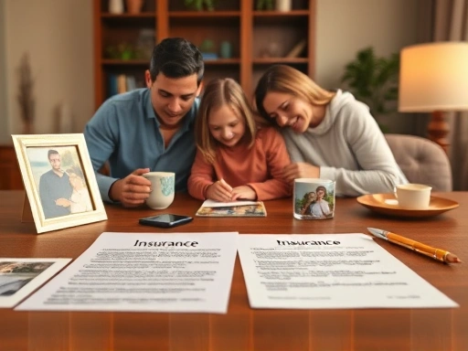 가족 사진과 보험 서류가 놓인 테이블을 보여주는 이미지