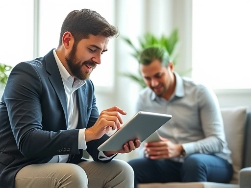 보험 설계사가 태블릿을 사용하여 고객에게 다양한 보험 옵션을 설명하고, 밝고 차분한 분위기
