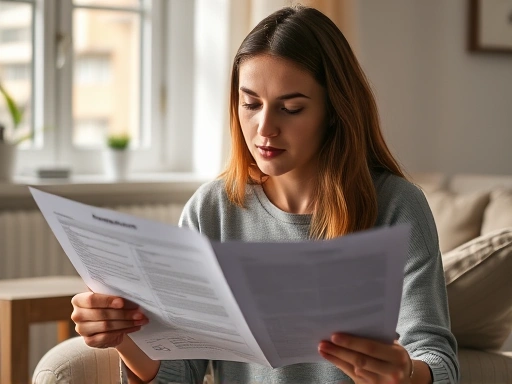 젊은 여성이 복잡한 보험 서류를 주의 깊게 읽고 있는 모습
