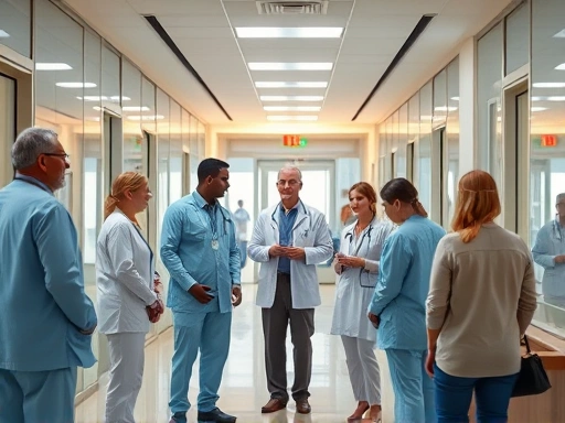 밝은 병원 로비에서 의료진과 환자가 대화하는 장면